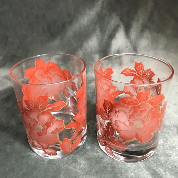 Retro Style Vintage Gold Trim Floral Design Old Fashioned Glasses Heavy Bottom - Picture 4 of 16